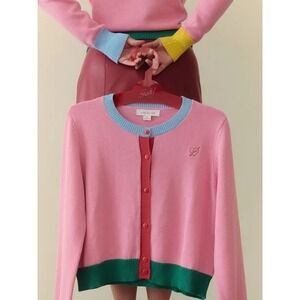 Lisa Says Gah Pink Cardigan with Green and Red Accents